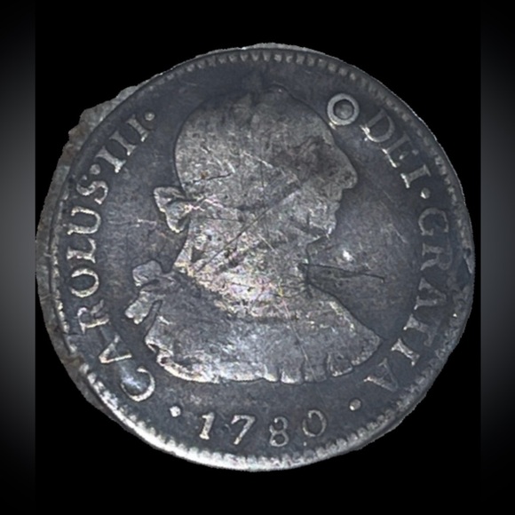 1780 Silver 2 Reales Pirate Coin · Carlos III · Colonial Era Treasure · Holed - Picture 3 of 4